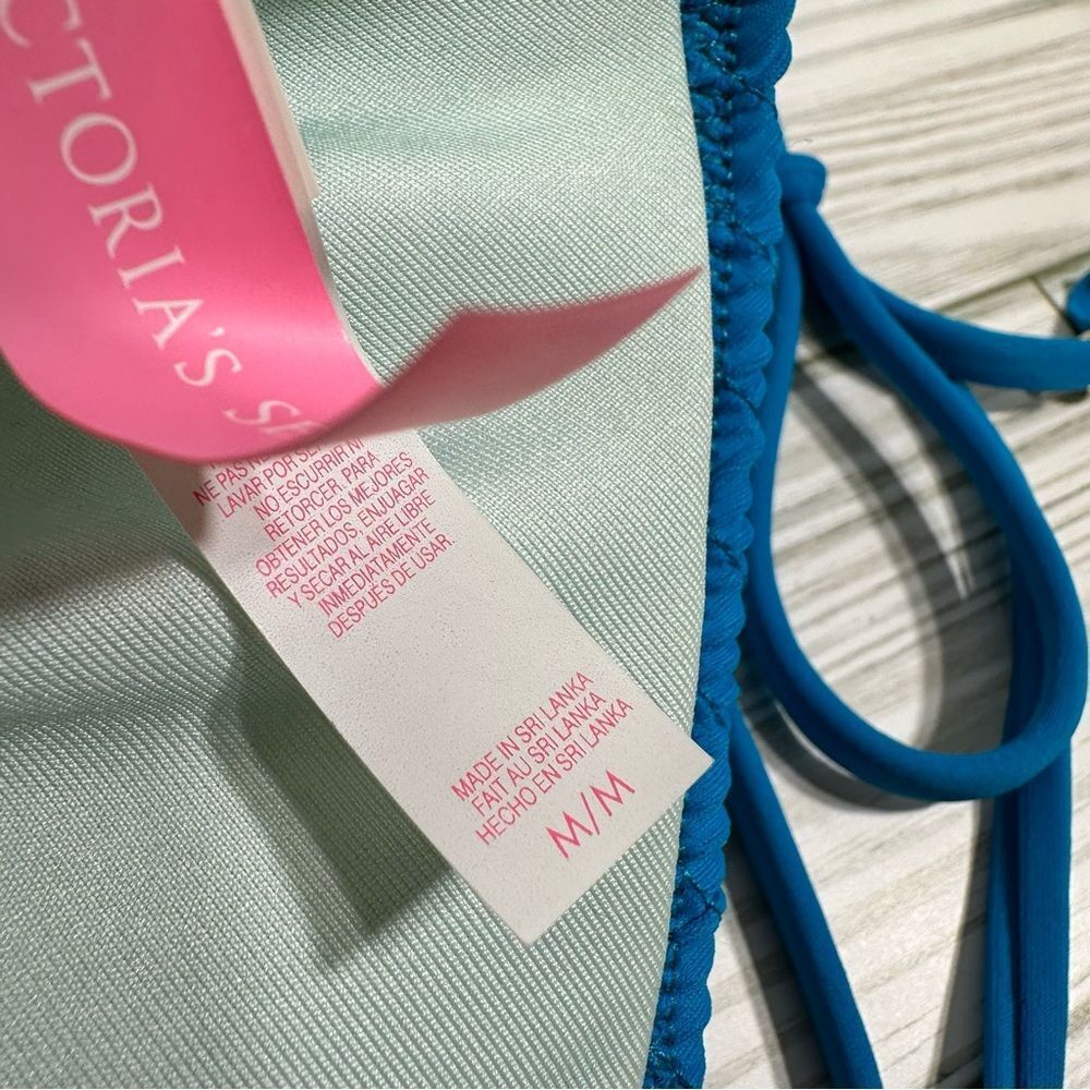 VICTORIA’S SECRET SMOCKED TRIANGLE PADDED STRAPPY BIKINI TOP BLUE MEDIUM - Picture 7 of 9